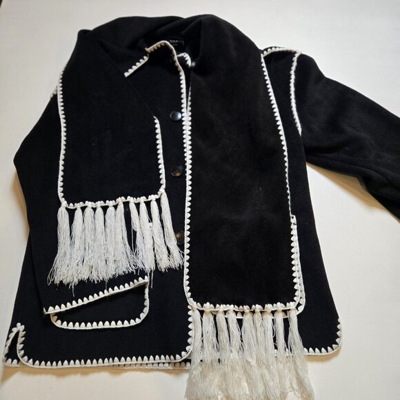 VICI Contrast Coat W Scarf Mid Length Fleece White Trim Style Fringe VC1094VC B - Picture 10 of 11
